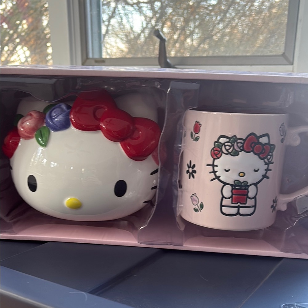 Hello Kitty Piggy Bank and Mug with Floral and Red Accents NWT